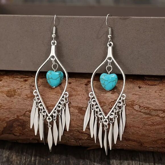 New - Boho Feather Tassel Heart Turquoise Dangle Earrings - Picture 5 of 9